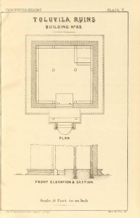 Plate X. Toluvila ruins. Building No. 65. Plan. Front elevation & section.