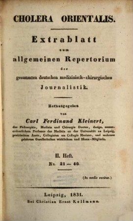 Cholera orientalis. 2 = Nr. 21 - 40. 1831