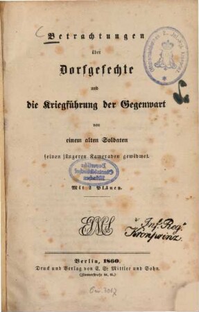 Betrachtungen über Dorfgefechte und die Kriegführung der Gegenwart : Mit 2 Plänen