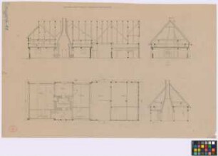 Bayhs [Layss] (Landkreis Braunsberg): Eigenkätnerhaus Behrendt. Haupthaus (Längsschnitt, zwei Querschnitte, Grundriss)