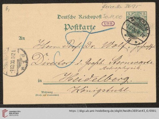Briefe von Otto Toepfer an Max Wolf: Karte von Otto Toepfer an Max Wolf