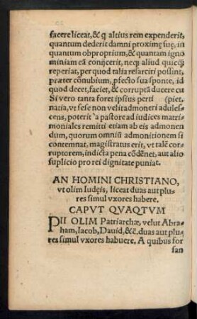 An Homini Christiano, ut olim Iudaeis, liceat duas aut plures simul uxores habere. Caput Quaqtum