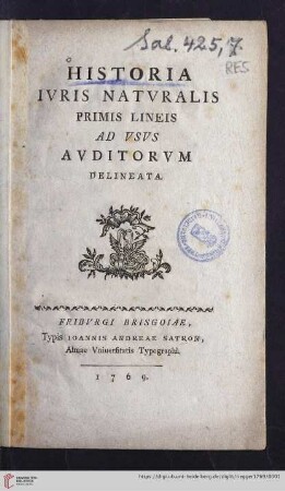 Historia Ivris Natvralis Primis Lineis Ad Vsvs Avditorvm Delineata