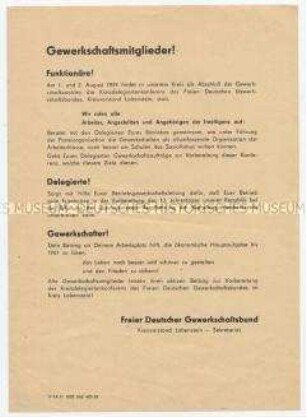 Flugblatt mit Aufruf des FDGB-Kreisvorstandes Lobenstein an Funktionäre und Gewerkschafter zur Leistungssteigerung, anlässlich des 10. Jahrestages der DDR-Gründung