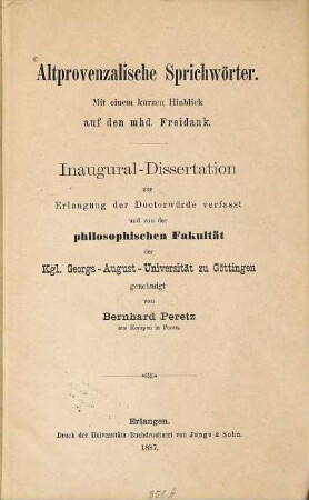 Altprovenzalische Sprichwörter : mit einem kurzen Hinblick auf den mhd. Freidank