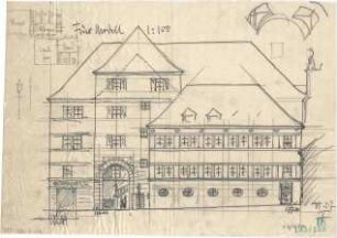 Fischer, Theodor; Würzburg, Münsterplatz; Sparkasse - Ansicht, Teilgrundriss