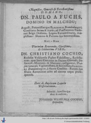 Magnifico, Generoso, et Excellentissimo Domino Dn. Paulo a Fuchs …