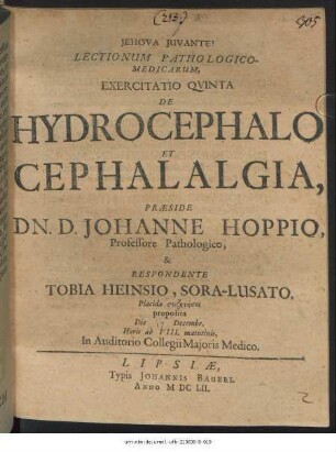 Lectionum Pathologico-Medicarum, Exercitatio Quinta De Hydrocephalo Et Cephalalgia