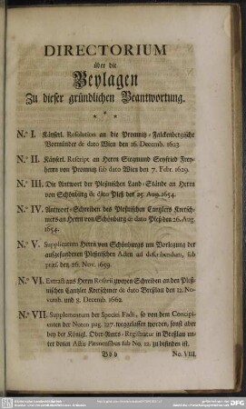 Directorium über die Beylagen Zu dieser gründlichen Beantwortung
