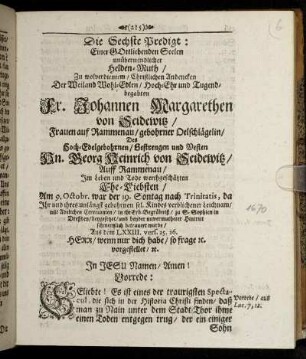 Die Sechste Predigt. Einer Gottliebenden Seelen unüberwindlicher Helden-Muth.