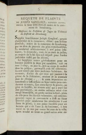 Requéte De Plainte De Joseph Ganglauf, Citoyen Actif; contre le Sieur Dietrich maire de la commune de Strasbourg
