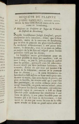 Requéte De Plainte De Joseph Ganglauf, Citoyen Actif; contre le Sieur Dietrich maire de la commune de Strasbourg