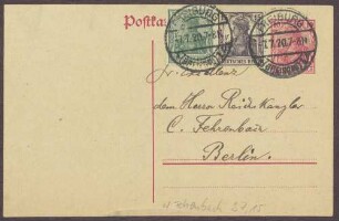 Postkarte von J. Neff an Constantin Fehrenbach, Gratulation zu einer Ehrung durch die Stadt Freiburg im Breisgau