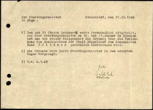 5-10-16-4.0000: Pfitzner, Professor Hans, Generalmusikdirektor, Komponist; diverse Schreiben ff.: Mitteilung über die Preisübergabe durch OB Gockeln in München