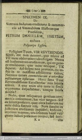 Caput IX. De Veterum Indorum eruditione & Commerciis ad Venerabilem Illustremque Praesulem, Petrum Danielem Huetium, auctore Polycarpo Lysero