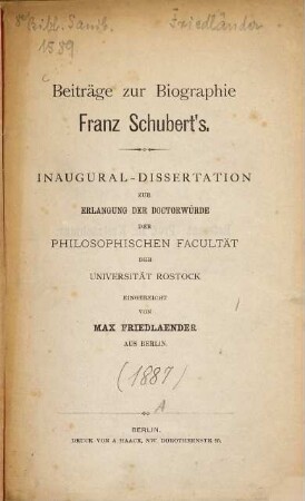 Beiträge zur Biographie Franz Schubert's
