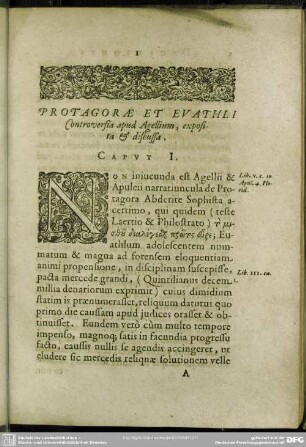 Protagorae Et Euathli Controversia apud Agellium, exposita & discussa. Caput I.