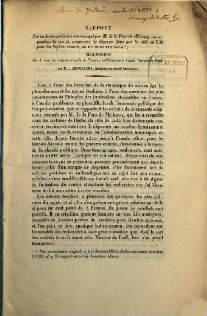 Rapport sur un document inédit communiqué par M. de la Fons de Mélicocq, correspondant du comité, concernant les dépenses faites par la ville de Lille pour les Enfants trouvés, au XVe et au XVIe siècle : recherches sur le sort des enfants trouvés en France, antérieurement à saint Vincent le Paul