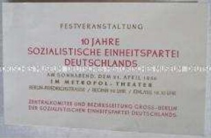 Einladungskarte zur Festveranstaltung anlässlich des 10. Jahrestages der SED