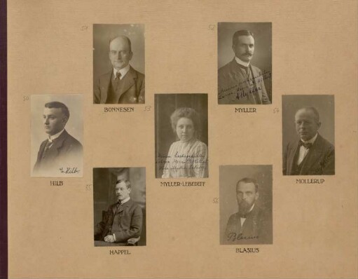 Bl. 11: Fotografien der Mathematiker Emil Hilb, Tommy Bonnesen, Alexander Myller, Wera Myller-Lebedeff, Peter Johannes Mollerup, Hans Happel und Heinrich Blasius, 1920 - 1922