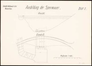 Talsperre für den Hahnenbach bei Kirn Schinkelwettbewerb 1935: Sperrmauer: Ansicht, Grundriss 1:400