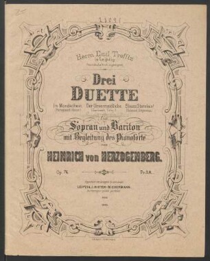 Drei Duette : für Sopran und Bariton mit Begleitung des Pianoforte; op. 74