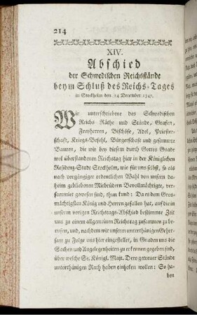 XIV. Abschied der Schwedischen Reichsstände beym Schluß des Reichs-Tages in Stockholm den 14 December 1747.