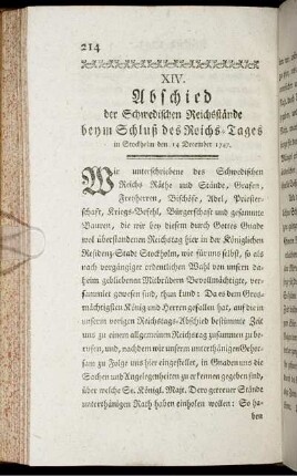 XIV. Abschied der Schwedischen Reichsstände beym Schluß des Reichs-Tages in Stockholm den 14 December 1747.