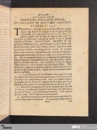 Disputatio Theologiae Biblicae, De Peccato In Spiritum Sanctum.