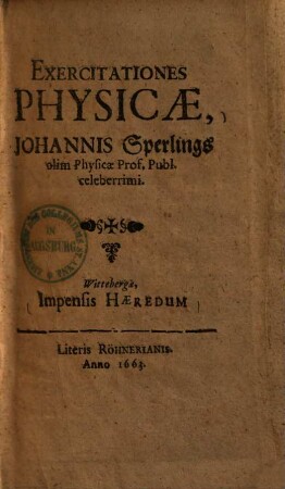 Exercitationes physicae Johannis Sperlings