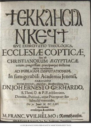 ... Sive Exercitatio Theologica, Ecclesiae Copticae, hoc est Christianorum Aegyptiacae ortum, progressum, praecipuaque doctrinae capita repraesentans