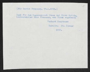 Brief von Gerhart Hauptmann an Gustav Frenssen