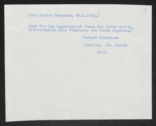 Brief von Gerhart Hauptmann an Gustav Frenssen
