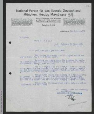 Brief des National-Vereins für das Liberale Deutschland, München an Helene Lange