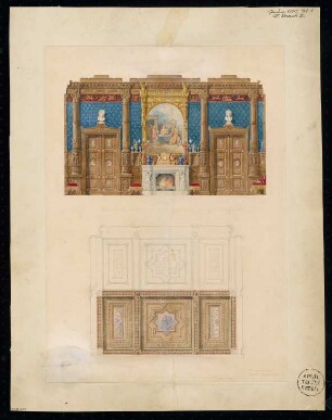 Speisesaal eines Patrizierhauses Monatskonkurrenz Januar 1870: Grundriss Deckenuntersicht, Aufriss einer Wand; Maßstabsleiste
