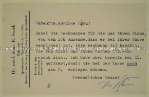 Brief eines Zahnarztes an die Journalistin Margarete Pirich über die Zahlung von Rechnungen