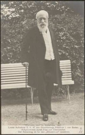 Insel Mainau, Großherzog Friedrich I., vor Parkbank stehend.