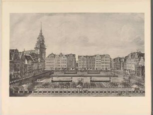 2 Darstellungen des Fußturniers auf dem Altmarkt in Dresden zu Ehren des Königs von Dänemark 1709, aus dem 2. Teil der Dresdner Bilderchronik, Lichtdruck nach Zeichnungen