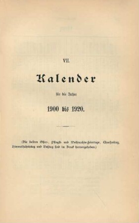 Kalender für die Jahre 1900 bis 1920.