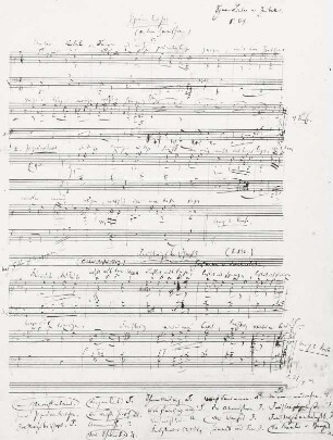 Schumann, Robert: Zigeunerliedchen. Frühlingsbotschaft : Schumann, Robert: Zigeunerliedchen. I "Unter die Soldaten", II "Jeden Morgen" (aus dem Spanischen von E. Geibel), und "Frühlingsbotschaft", Sololied mit Klavierbegleitung auf Verse von Hoffmann von Fallersleben. Dresden, 21.04.1849 (Album für die Jugend op. 79, Nr. 7/8 und 3). Autograph, Sepia mit Bleistift-Ergänzungen; 30,3 x 23 cm. Dresden: SLUB Mus.5636-K-509, Vorderseite