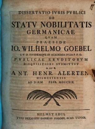 Dissertatio Ivris Pvblici De Statv Nobilitatis Germanicae