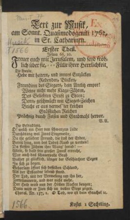 Text zur Musik, am Sonnt. Quasimodogeniti 1762, in St. Catharinen