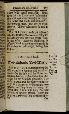 Iris Florentinæ Rad. Wohlriechende Viol-Wurtz. - Manna. Manna.