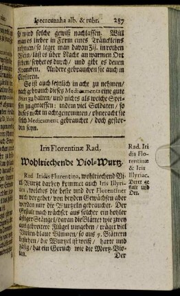 Iris Florentinæ Rad. Wohlriechende Viol-Wurtz. - Manna. Manna.