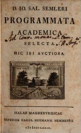D. Io. Sal. Semleri Programmata Academica Selecta : Hic Ibi Auctiora