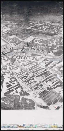 Bahnhofsbereich Potsdam Schinkelwettbewerb 1993: Perspektivische Ansicht (Luftaufnahme), Schnitt 1:500