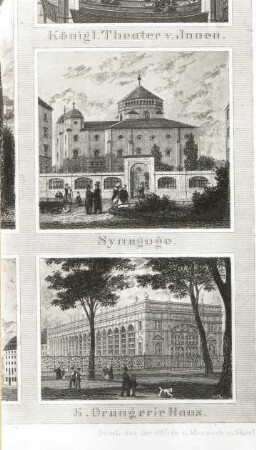 Erinnerung an Dresden : Erinnerung an Dresden. Stich, koloriert. Detail mit Synagoge und Orangeriegebäude. Dresden: Kupferstich-Kabinett