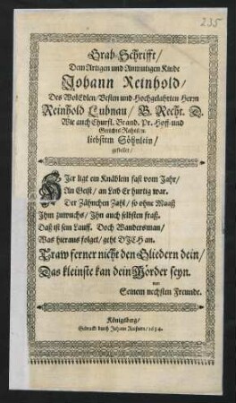 Grab-Schrifft Dem Johann Reinhold des Reinhold Lubnau Söhnlein