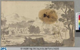 Landschaft mit breitem Fluss, dahinter auf einem Berg gelegene Burg