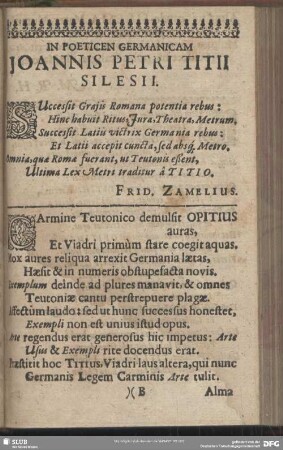 In Poeticen Germanicam Iohannis Petri Titii Silesii